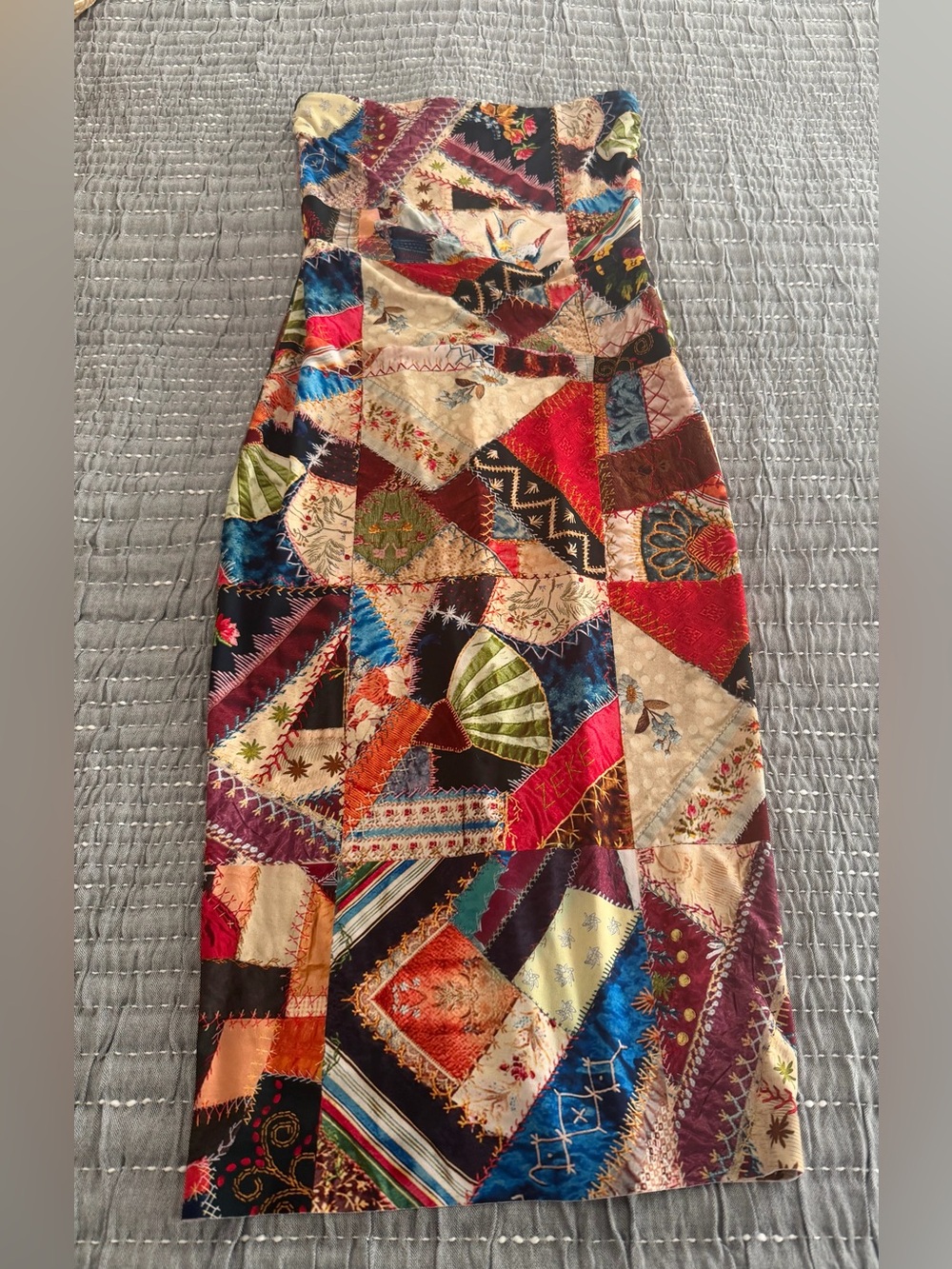 Patchwork print Norma Kamali strapless dress. Stretchy bodycon.